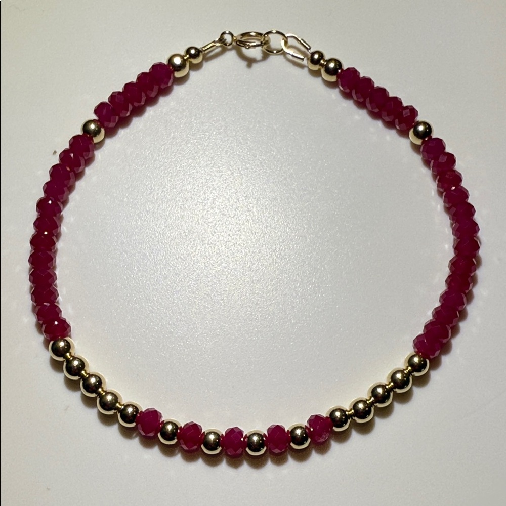 Elegant 14K solid gold and rubies Beaded 8 inches Bracelet yellow gold 4 mm bead